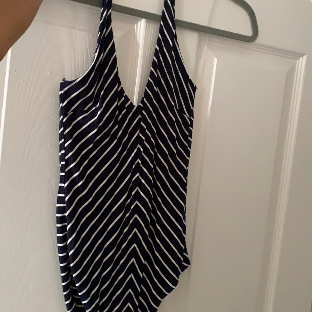 Navy and white striped body suit